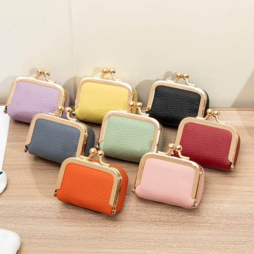 Genuine Leather Kiss Lock Coin Purse - Mini Square Jewelry Bag for Earrings & Small Items