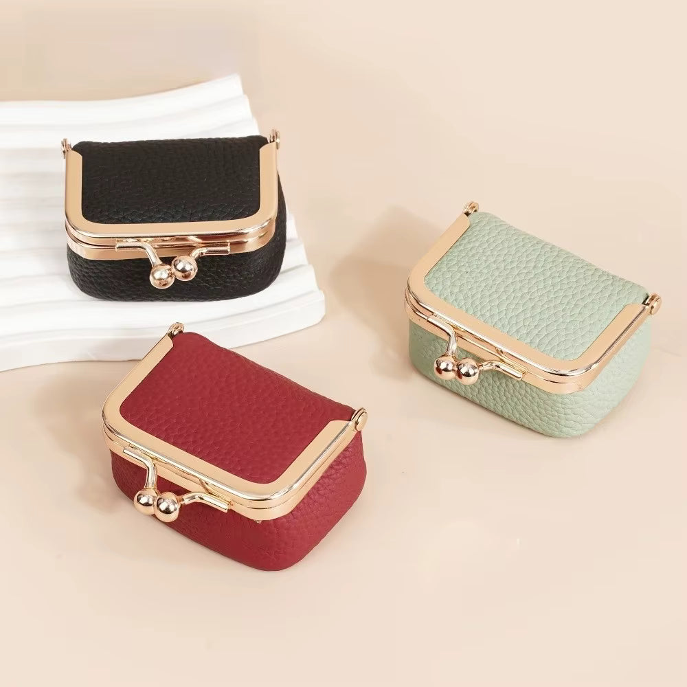 Genuine Leather Kiss Lock Coin Purse - Mini Square Jewelry Bag for Earrings & Small Items