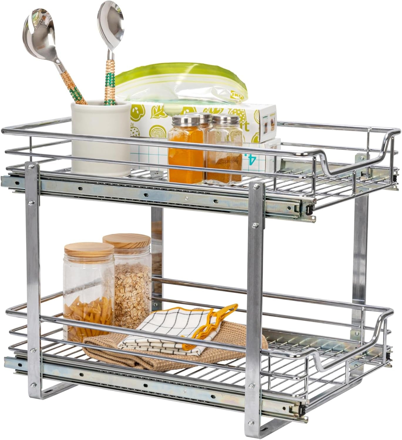 Glidez Multipurpose Chrome-Plated Steel Pull-Out/Slide-Out Basket Storage Organizer for under Cabinet Use - 2-Tier Design - Fits Standard Size Cabinet or Shelf, Chrome