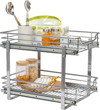 Glidez Multipurpose Chrome-Plated Steel Pull-Out/Slide-Out Basket Storage Organizer for under Cabinet Use - 2-Tier Design - Fits Standard Size Cabinet or Shelf, Chrome