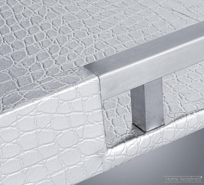 Modern Elegant 17.5"X12" Rectangle Glossy Silver Crocodile Faux Leather Tray Decorative Ottoman Coffee Table Display Perfume Dresser Kitchen Serving Tray with Silver Metal Handles by