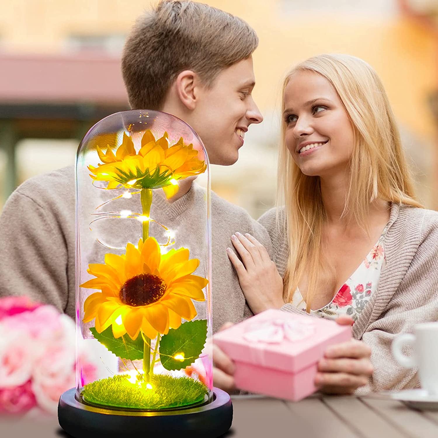 Sunflower Gift for Women,Sun Flowers Home Decor,Preserved Sunflower Bouquet in Glass Dome,Birthday Gifts for Her Mom