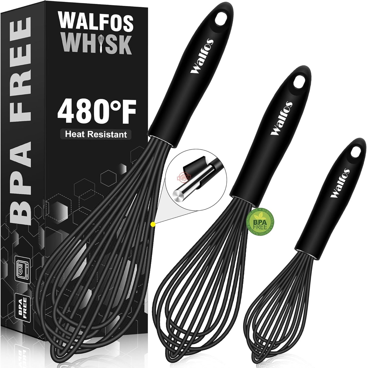 Silicone Whisk,Stainless Steel Wire Whisk Set of 3 -Heat Resistant 480°F Kitchen Whisks for Non-Stick Cookware,Balloon Egg Beater Perfect for Blending,Whisking,Beating,Frothing & Stirring,Black