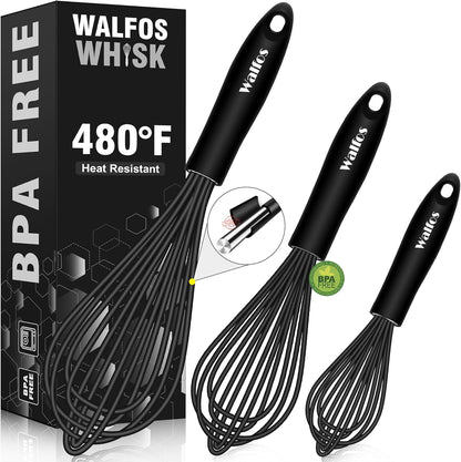 Silicone Whisk,Stainless Steel Wire Whisk Set of 3 -Heat Resistant 480°F Kitchen Whisks for Non-Stick Cookware,Balloon Egg Beater Perfect for Blending,Whisking,Beating,Frothing & Stirring,Black
