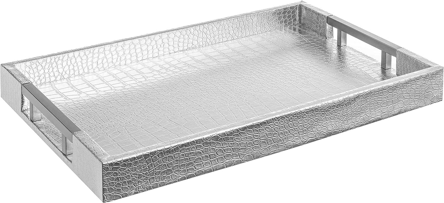 Modern Elegant 17.5"X12" Rectangle Glossy Silver Crocodile Faux Leather Tray Decorative Ottoman Coffee Table Display Perfume Dresser Kitchen Serving Tray with Silver Metal Handles by