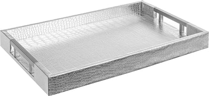 Modern Elegant 17.5"X12" Rectangle Glossy Silver Crocodile Faux Leather Tray Decorative Ottoman Coffee Table Display Perfume Dresser Kitchen Serving Tray with Silver Metal Handles by