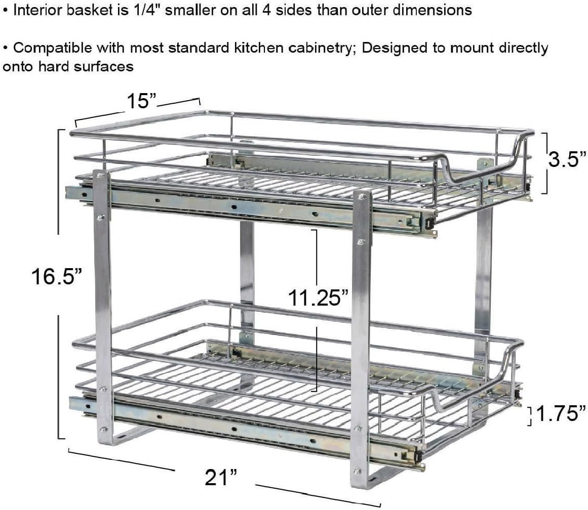 Glidez Multipurpose Chrome-Plated Steel Pull-Out/Slide-Out Basket Storage Organizer for under Cabinet Use - 2-Tier Design - Fits Standard Size Cabinet or Shelf, Chrome