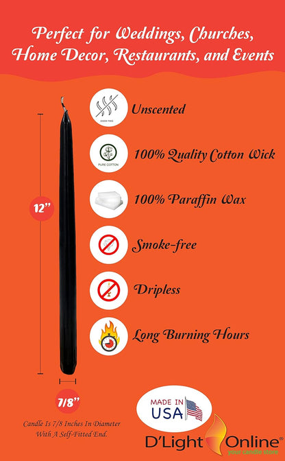 Elegant Unscented 12" Black Taper Candles Premium Quality Hand-Dipped Tapered Candles, Dripless and Smokeless - Set of 12 Individually Wrapped (12 Inch, Black)