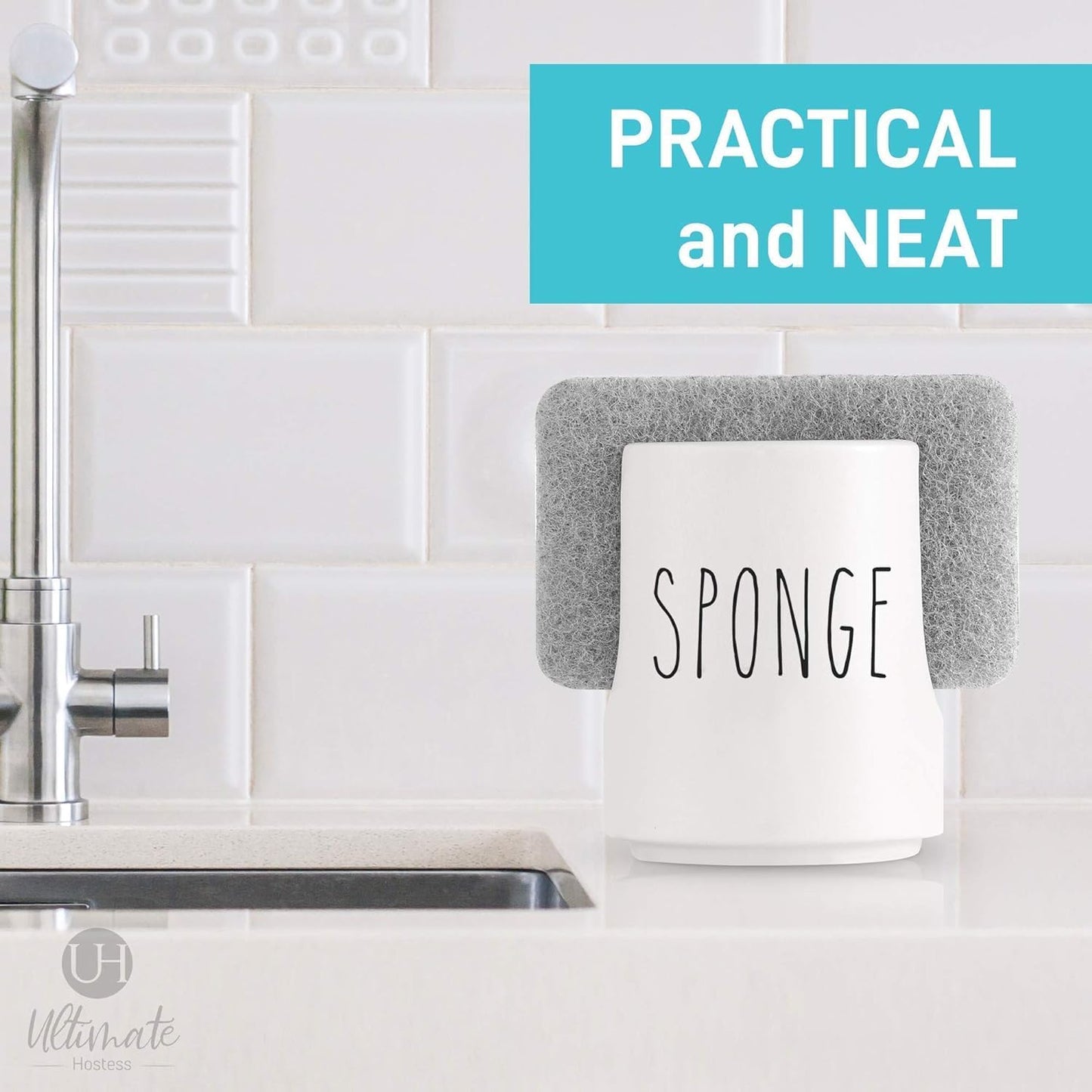 Ceramic Sponge Holder for Kitchen Sink – White Sink Caddy Organizer – Farmhouse Kitchen Sponge Holder – Cute Ceramic Sponge Rest for Countertop