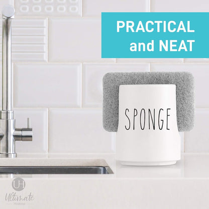 Ceramic Sponge Holder for Kitchen Sink – White Sink Caddy Organizer – Farmhouse Kitchen Sponge Holder – Cute Ceramic Sponge Rest for Countertop