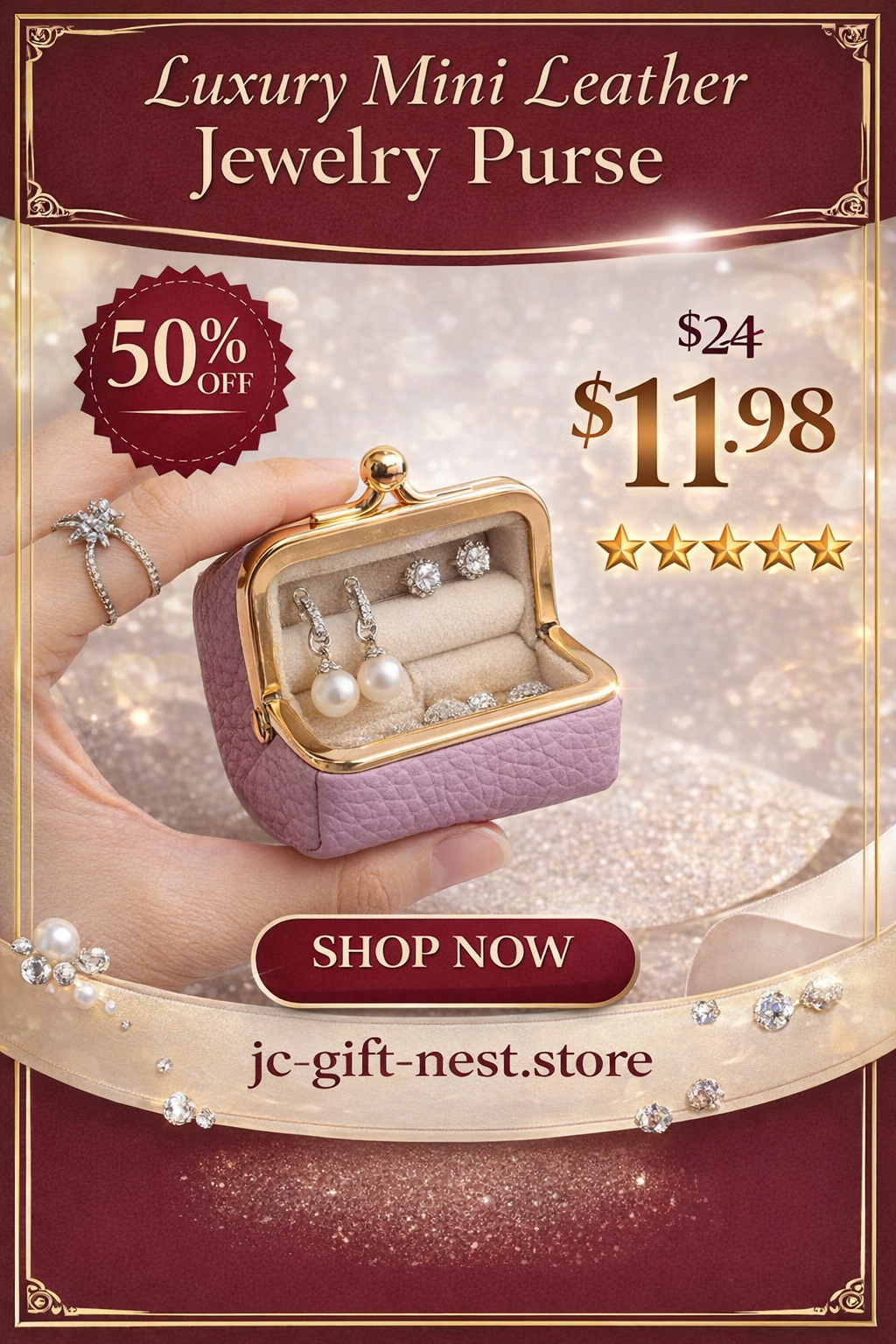Genuine Leather Kiss Lock Coin Purse - Mini Square Jewelry Bag for Earrings & Small Items