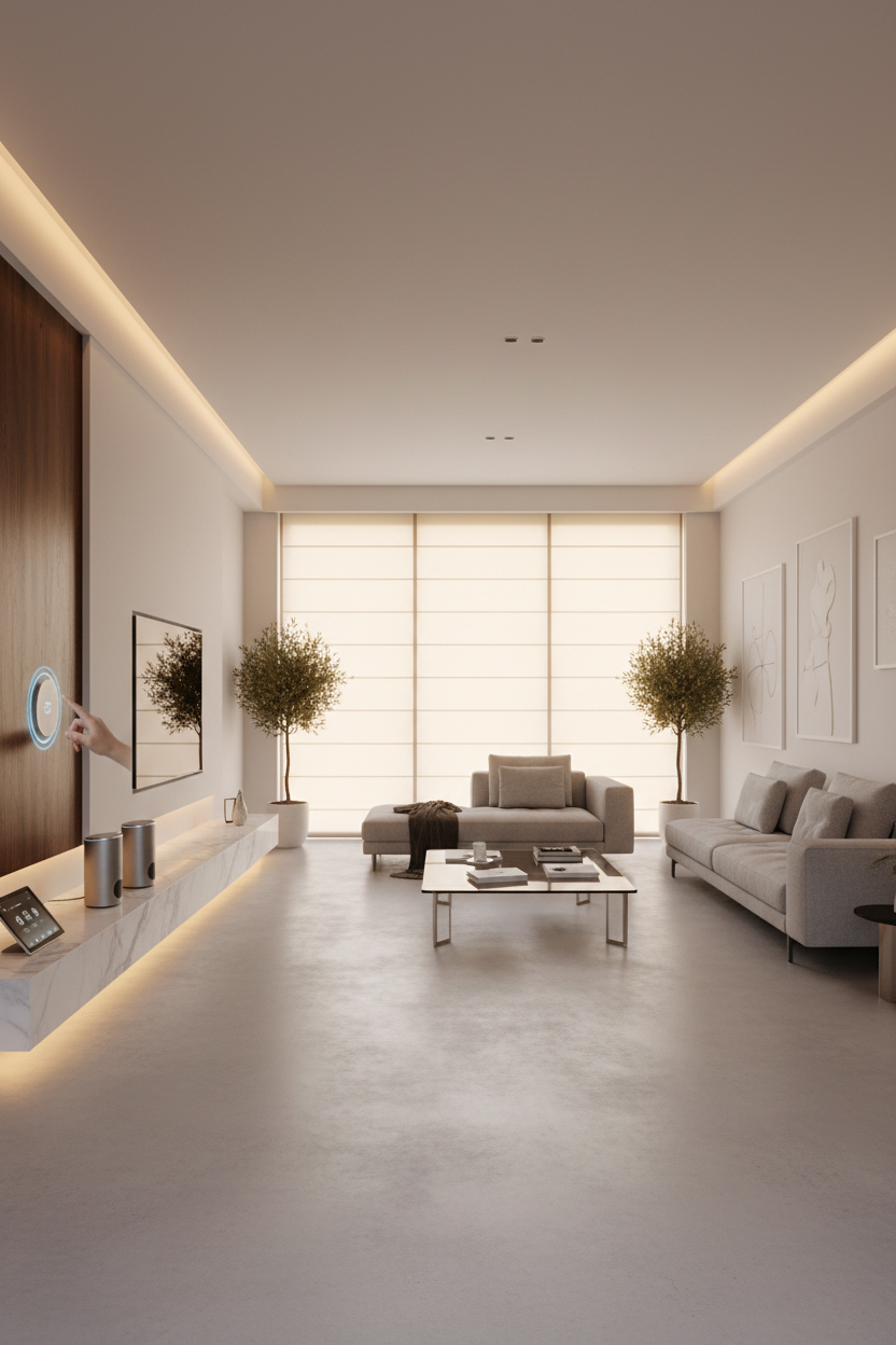 Generate and image for: Embrace the future of living with smart home solutions that seamlessly integrate into your lifestyle. Our technology collection features premium, rigorously tested devices built to last and perform flawlessly. From voice-activated controls to automated lighting and climate systems, each innovation is selected for its superior craftsmanship, reliability, and elegant design. Make the image 3 time taller than wide 