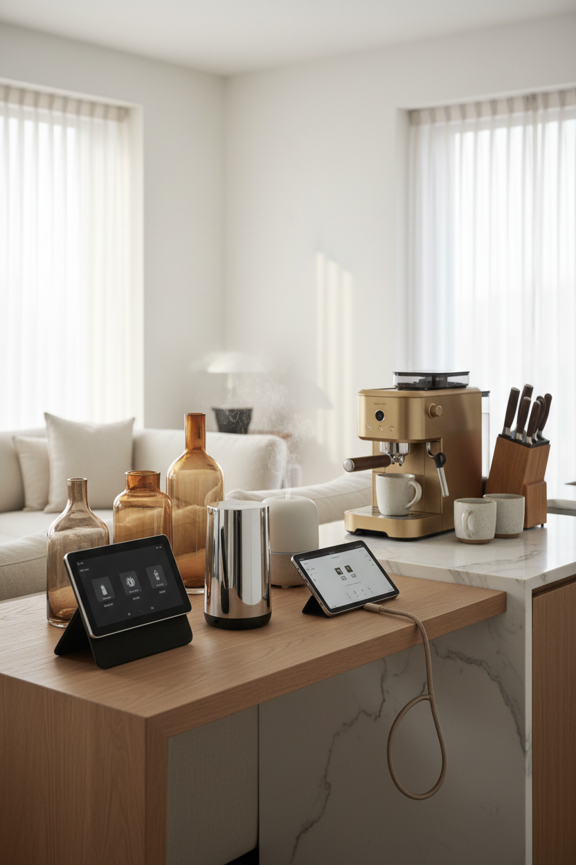 Generate and image for: We don't just sell products—we curate experiences. Our collection features premium home goods, innovative home essentials, and cutting-edge smart home technology, each selected for its exceptional quality and timeless design. Make the image 3 times taller than wide 